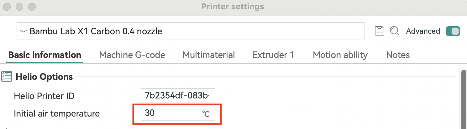 Initial air temperature input box