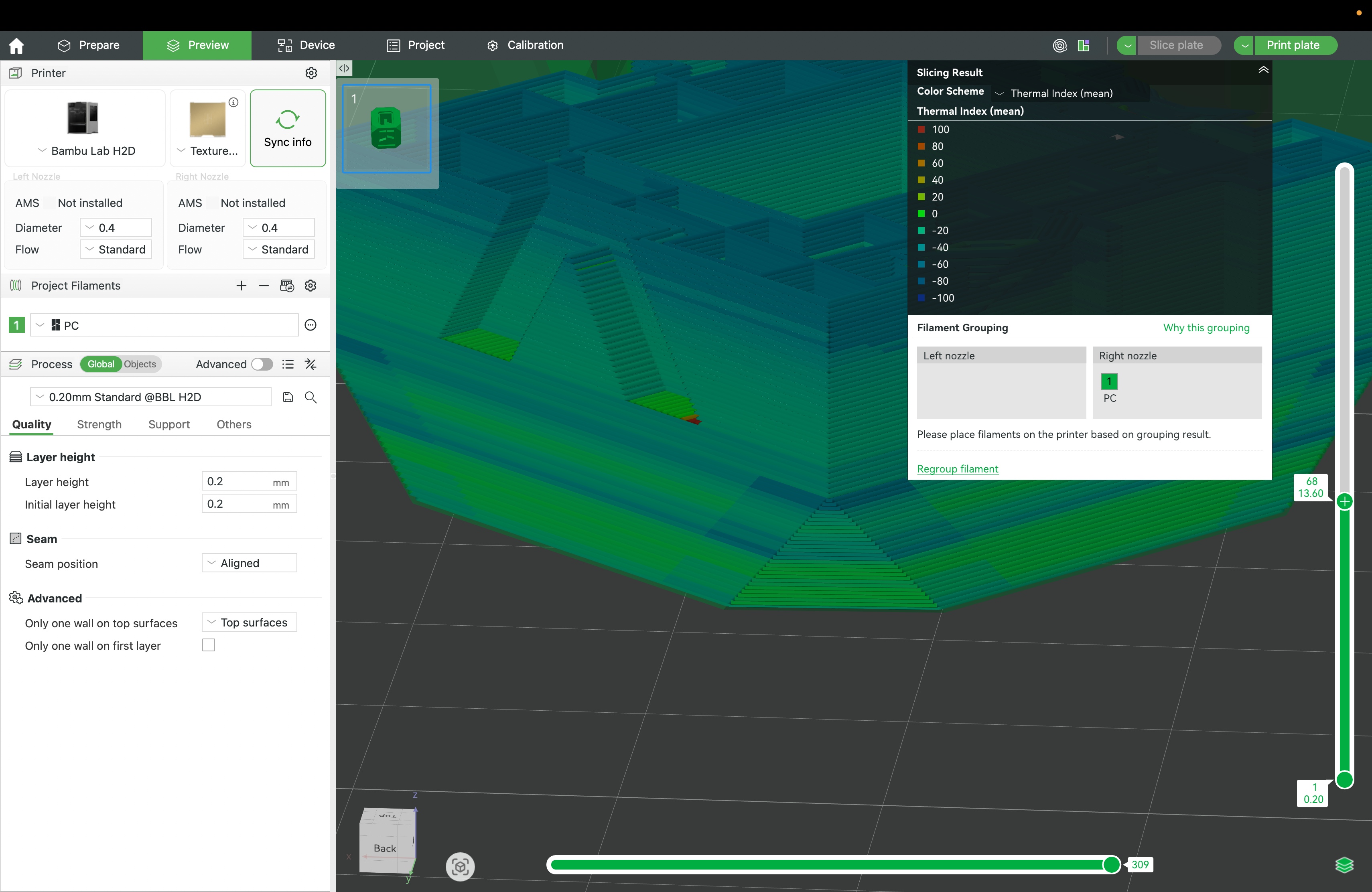 Slicer view showing a predicted thermal index heat map across a part with a legend scale.