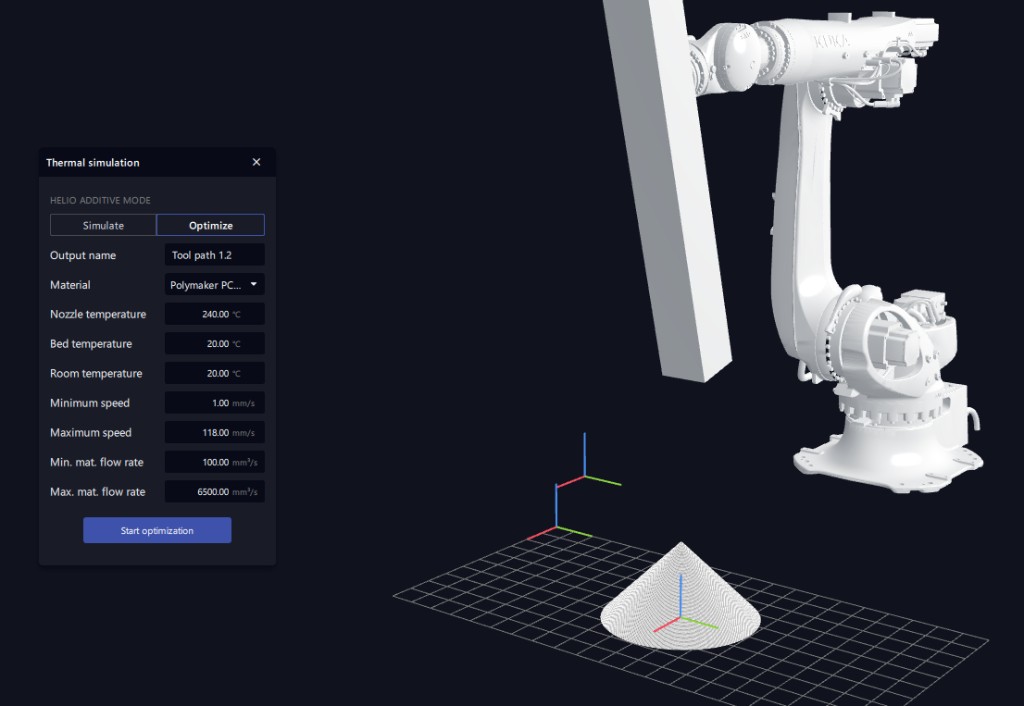 Helio thermal simulation and optimization panel inside AdaOne with robot arm and toolpath view.