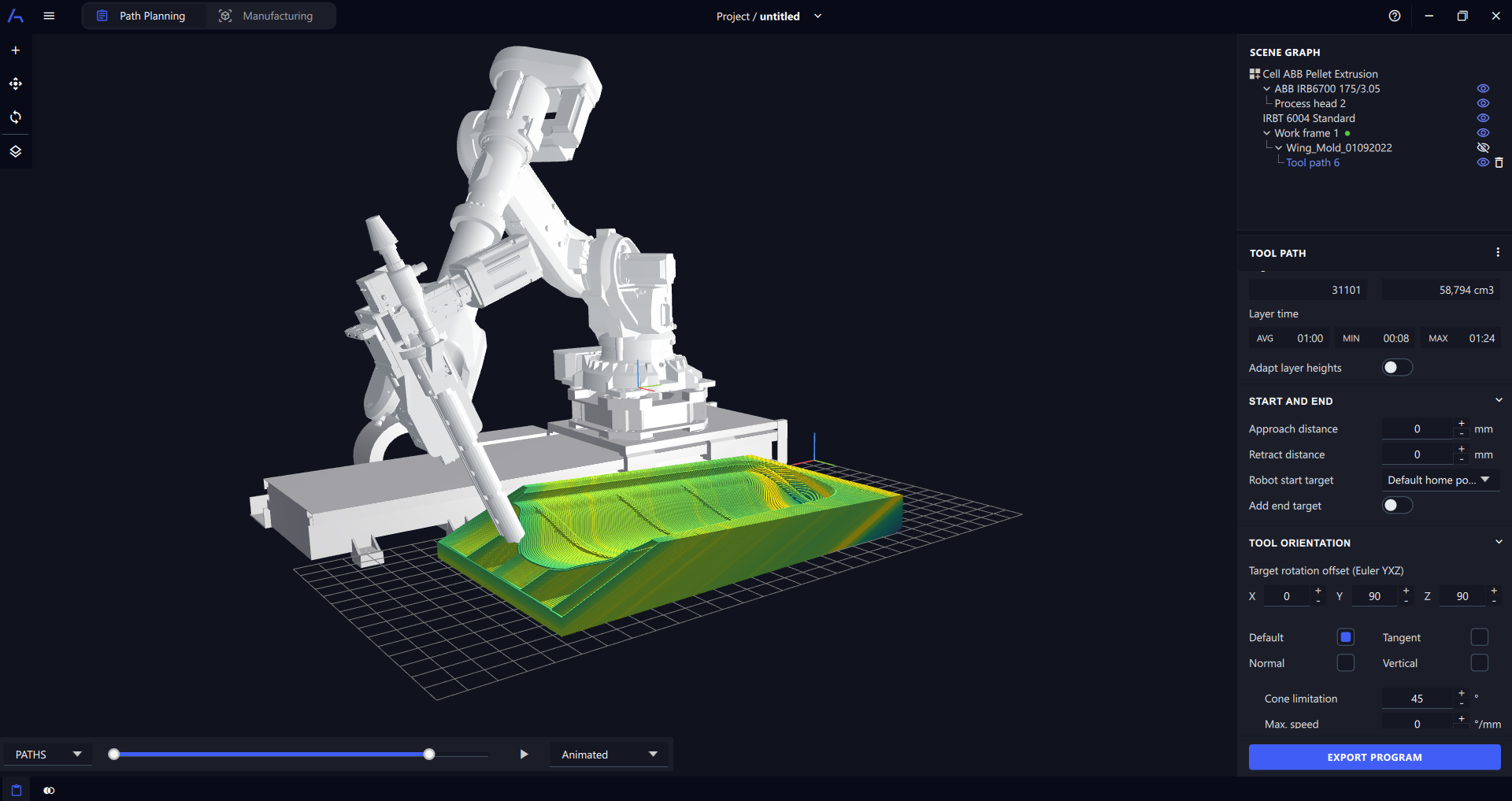 AdaOne software showing a pellet-extrusion toolpath with Helio thermal analysis.