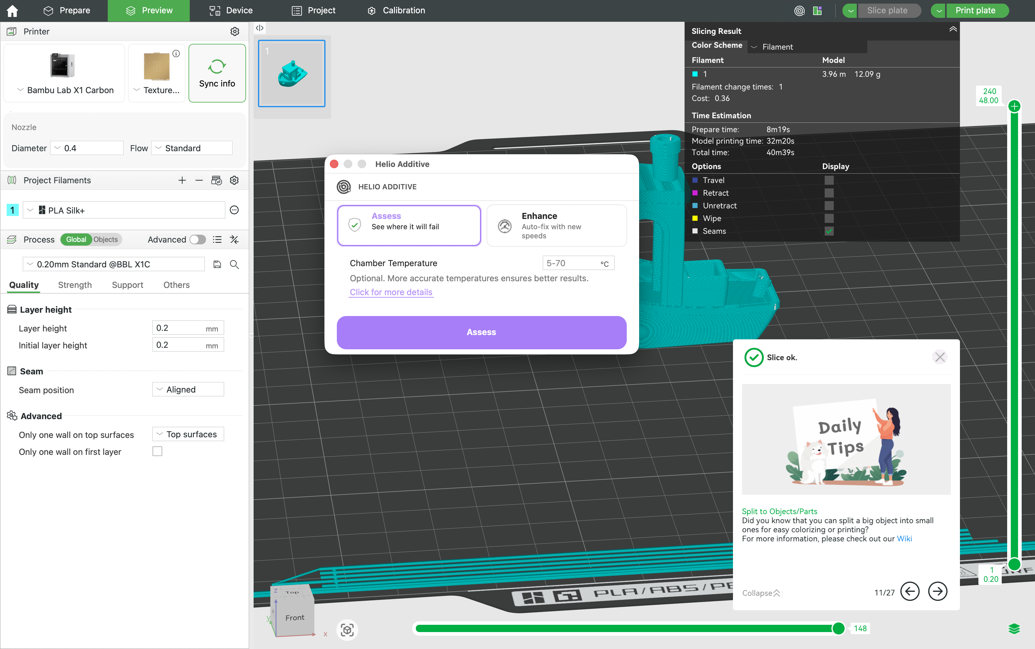 Screenshot of Helio Assess showing an in-slicer report and early issue detection.