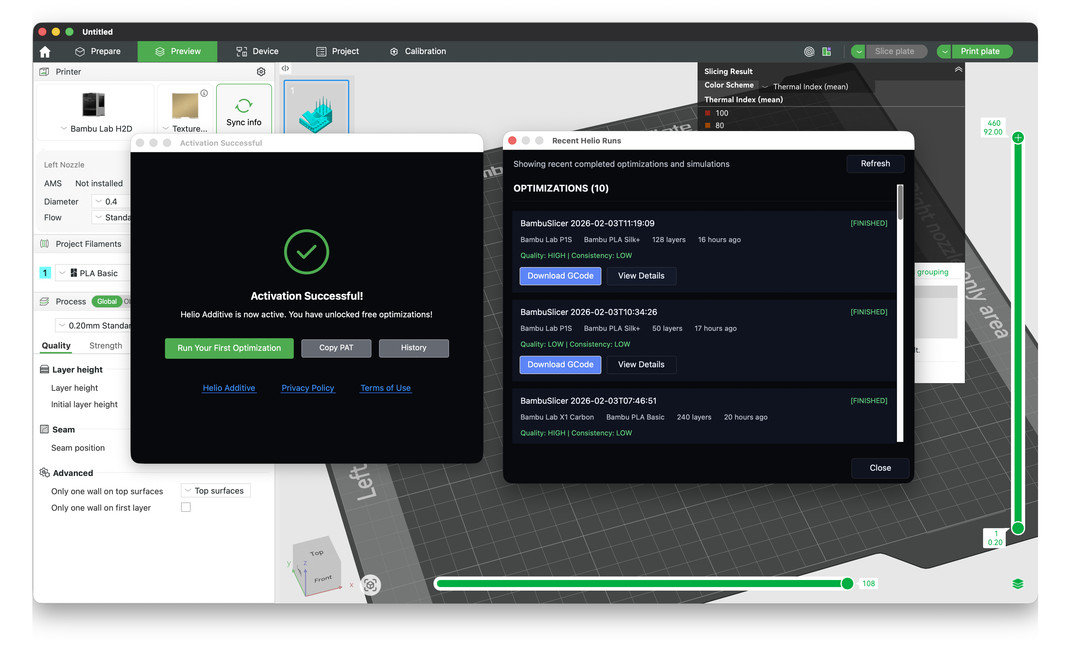 Helio History view in Bambu Studio showing past Assess and Enhance runs.