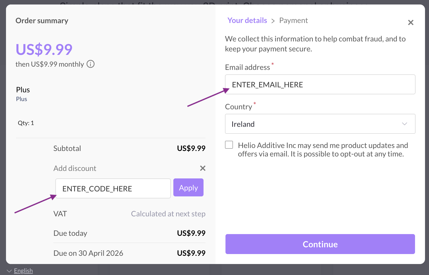 Checkout — enter your details and discount code