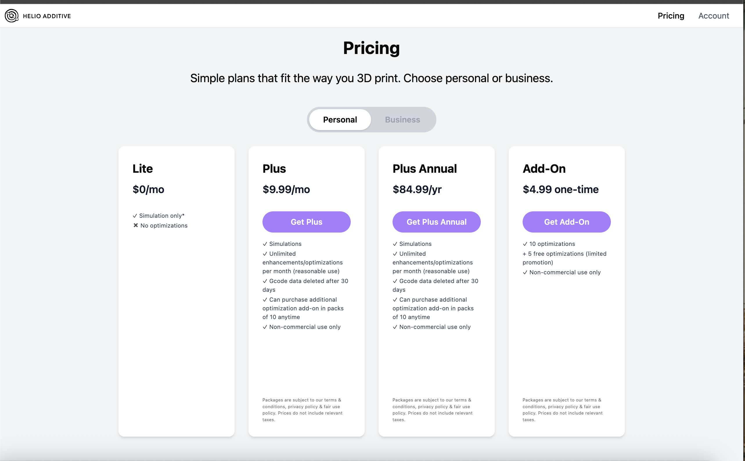 Helio pricing page