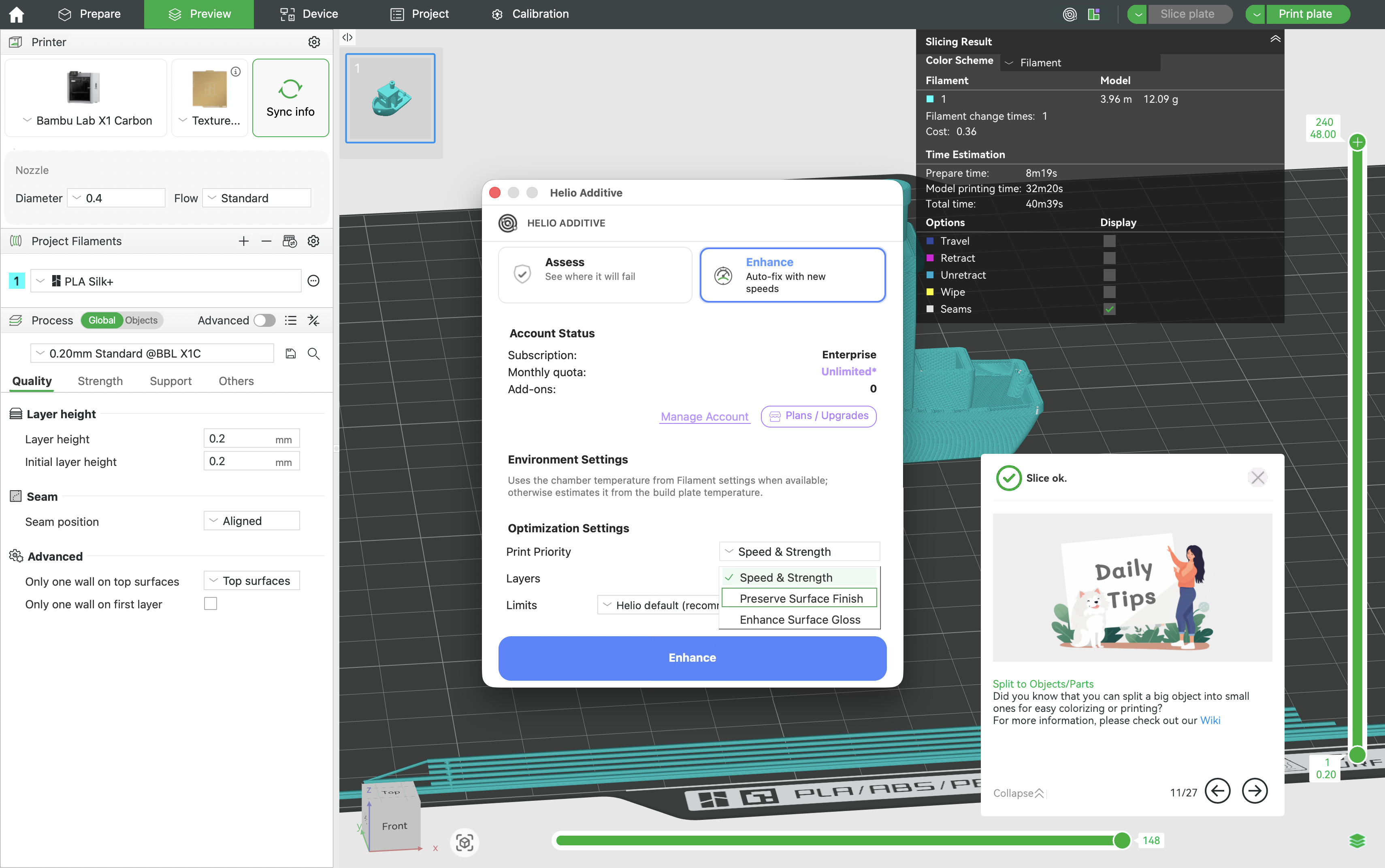 Screenshot of Helio Enhance inside the slicer.