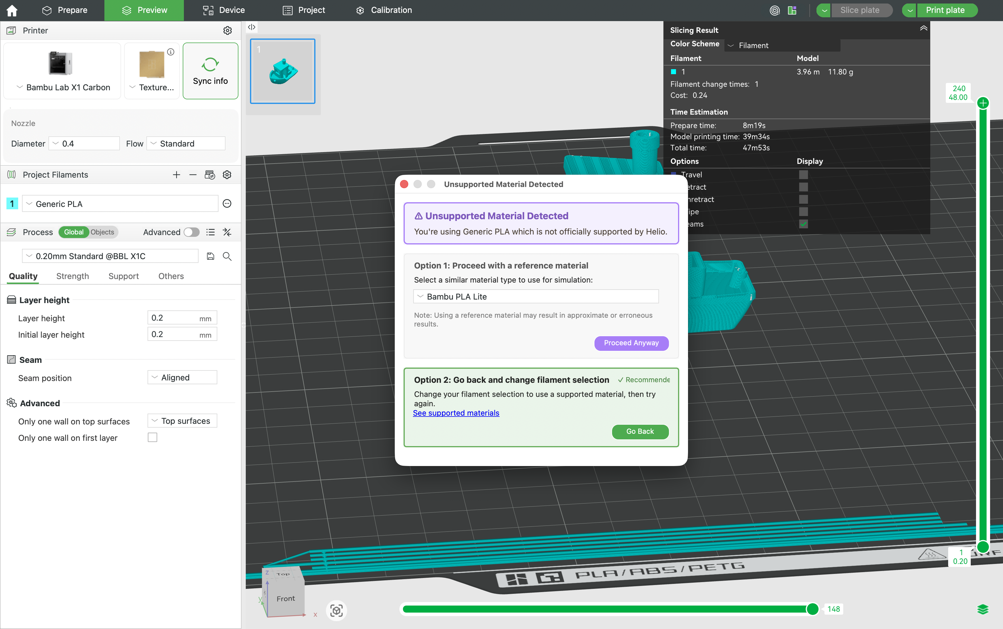 Screenshot showing how Helio supports generic materials when a filament is not fully characterized.